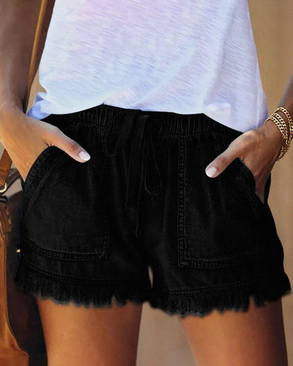 Trudy - Effen Denim Shorts met Trekkoord