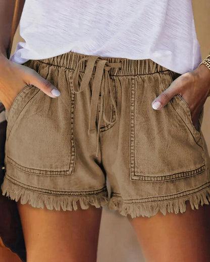 Trudy - Effen Denim Shorts met Trekkoord