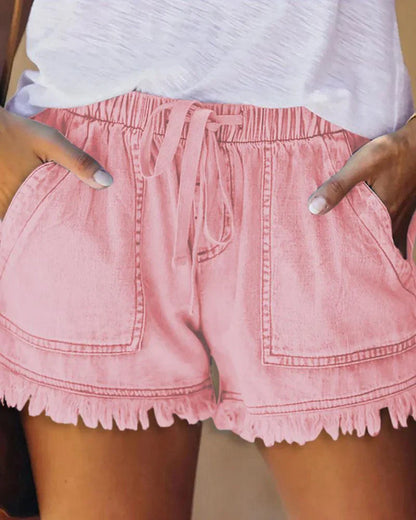 Trudy - Effen Denim Shorts met Trekkoord