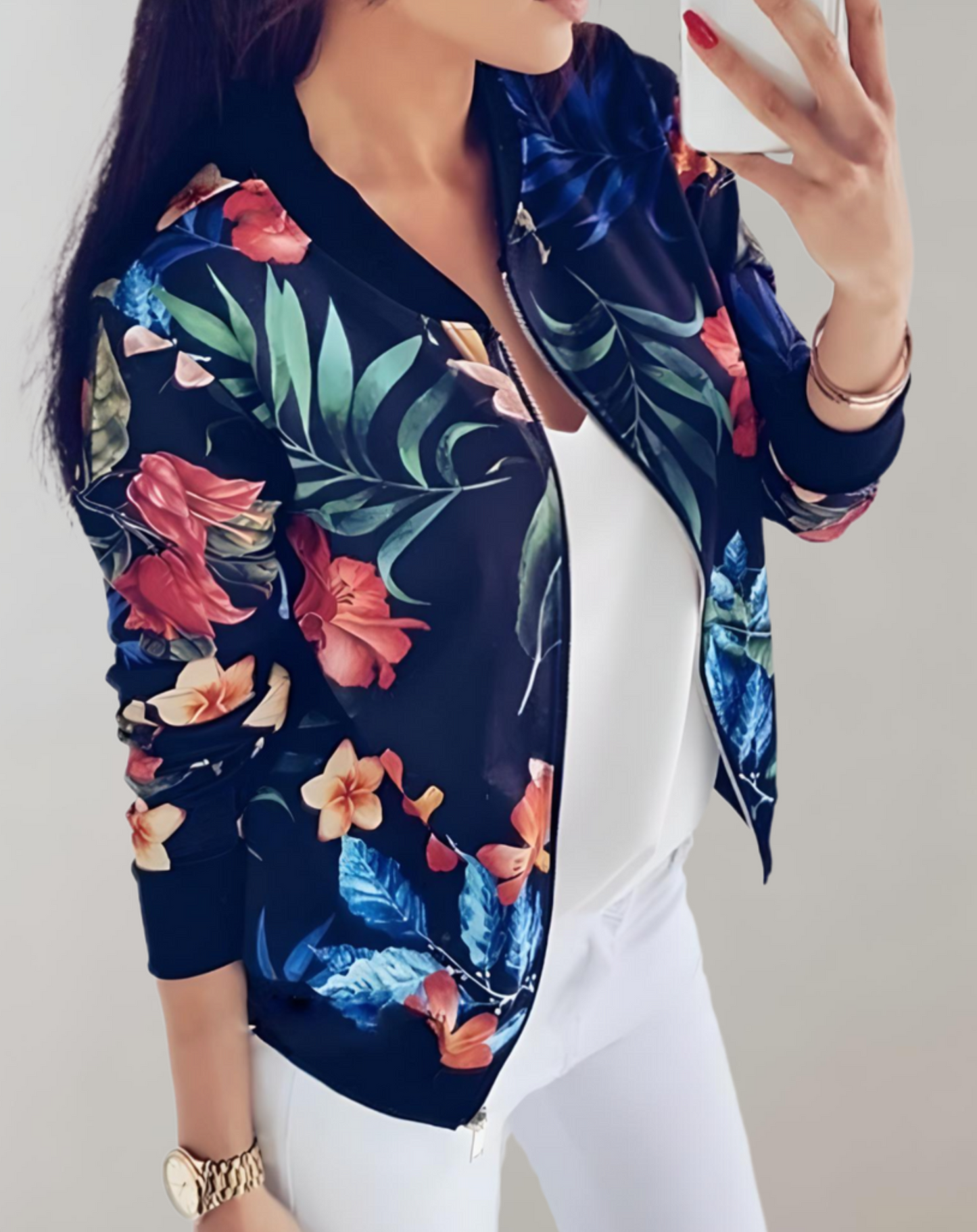 Pauline | Taille lengte jasje met korte mouwen en bloemenprint