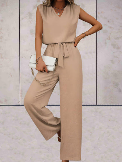 Veronica |  Effen 2-delige setjes eenvoudig en chique v-uitsnijding voor en met strikbandjes in de taille