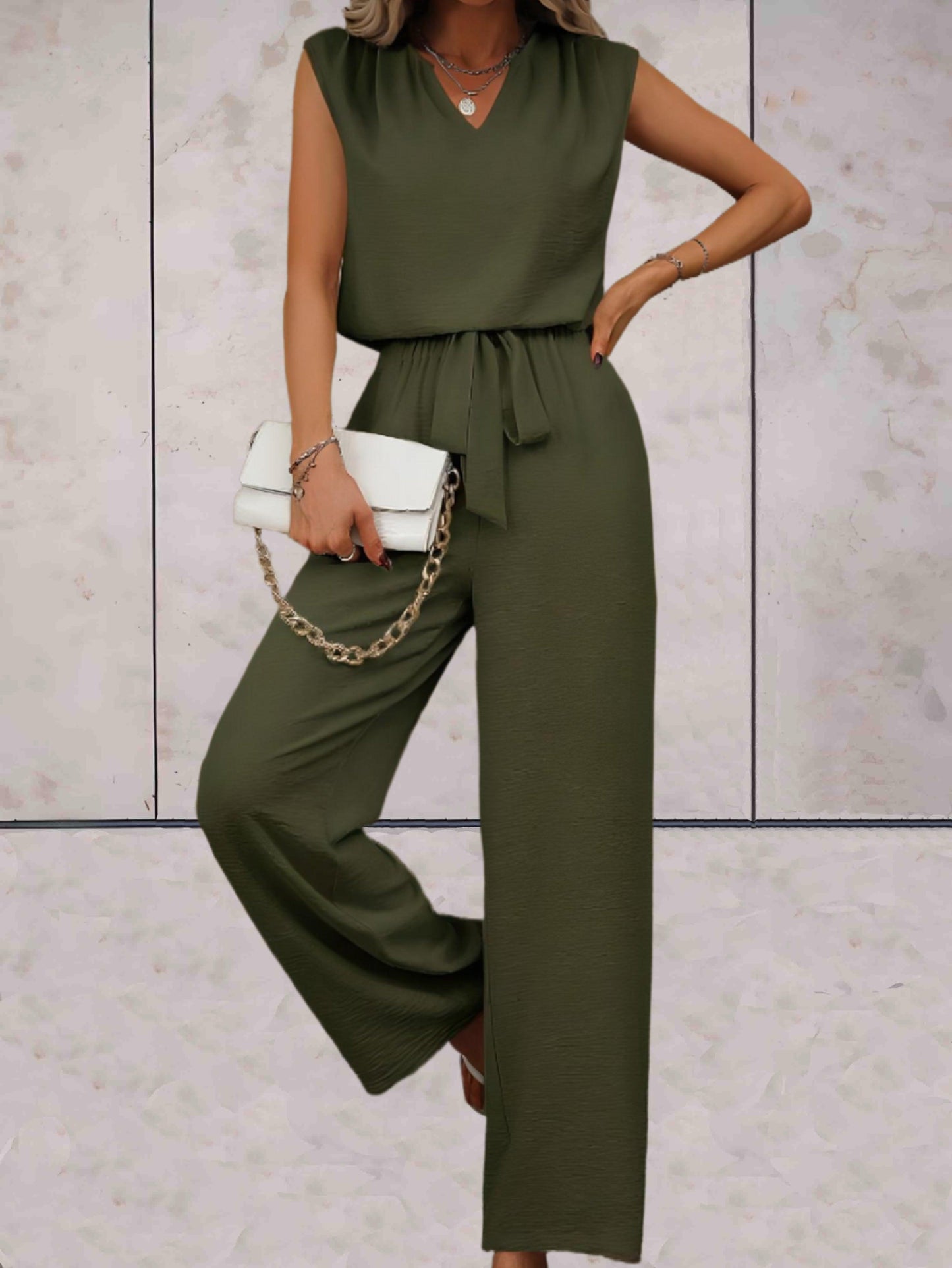 Veronica |  Effen 2-delige setjes eenvoudig en chique v-uitsnijding voor en met strikbandjes in de taille