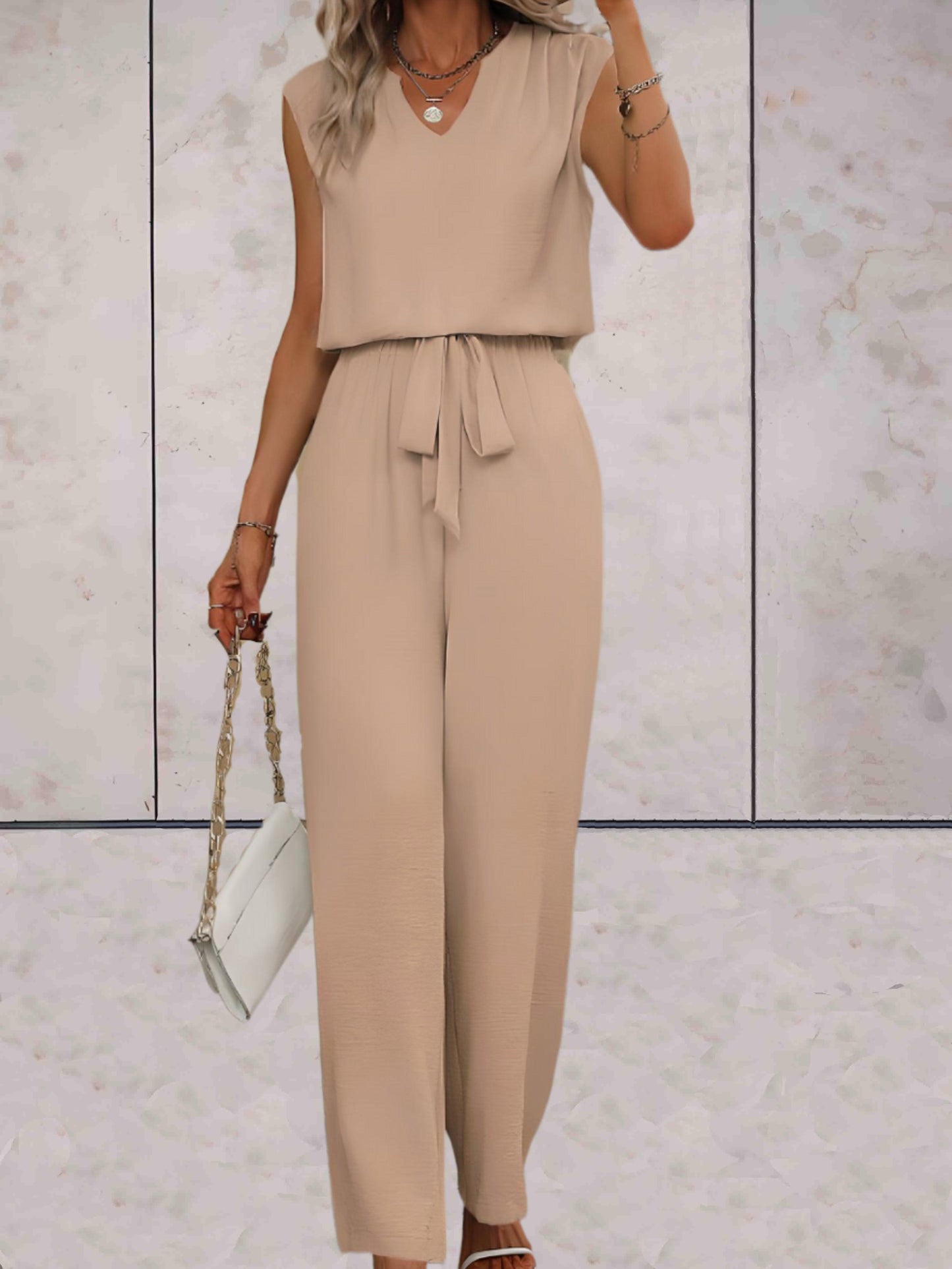 Veronica |  Effen 2-delige setjes eenvoudig en chique v-uitsnijding voor en met strikbandjes in de taille