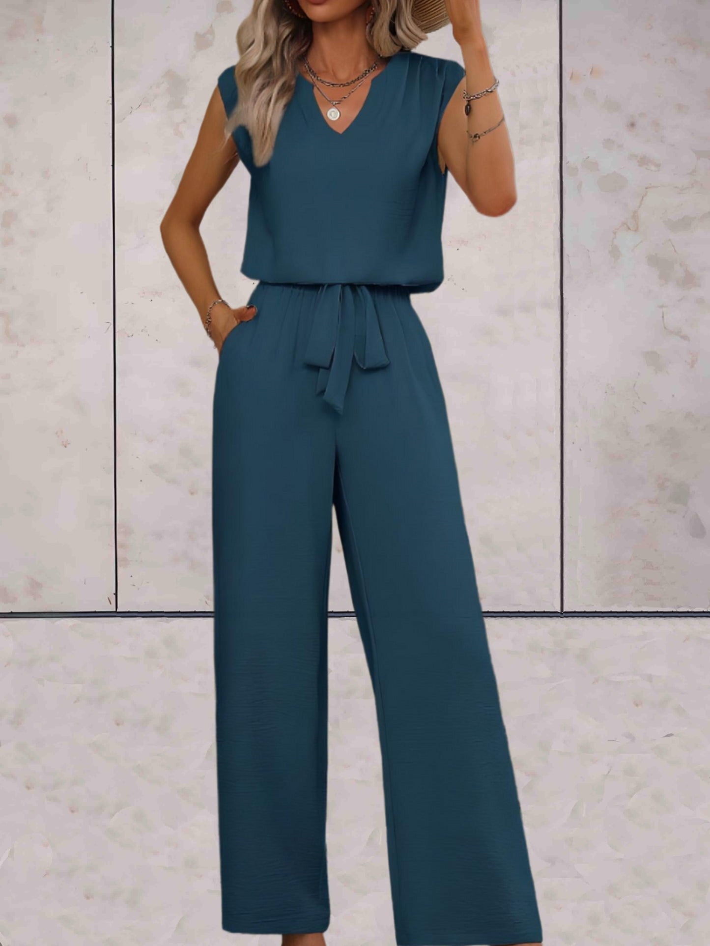 Veronica |  Effen 2-delige setjes eenvoudig en chique v-uitsnijding voor en met strikbandjes in de taille