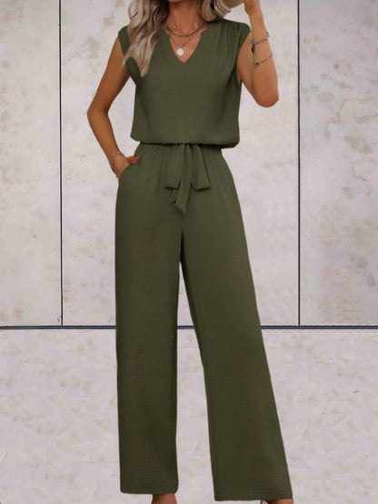 Veronica |  Effen 2-delige setjes eenvoudig en chique v-uitsnijding voor en met strikbandjes in de taille