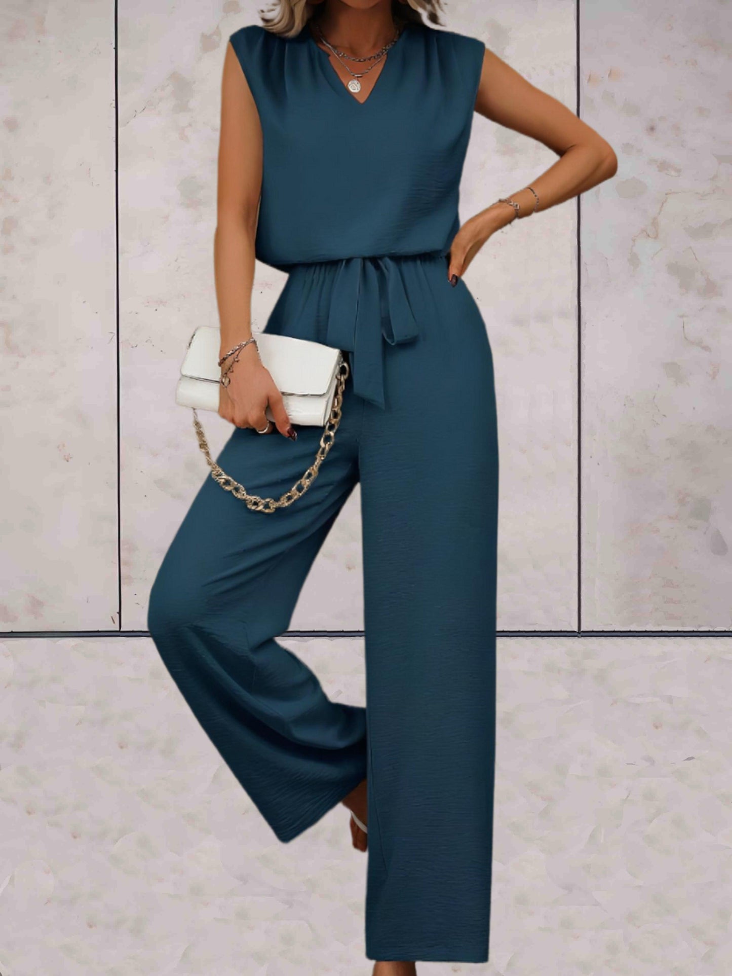 Veronica |  Effen 2-delige setjes eenvoudig en chique v-uitsnijding voor en met strikbandjes in de taille