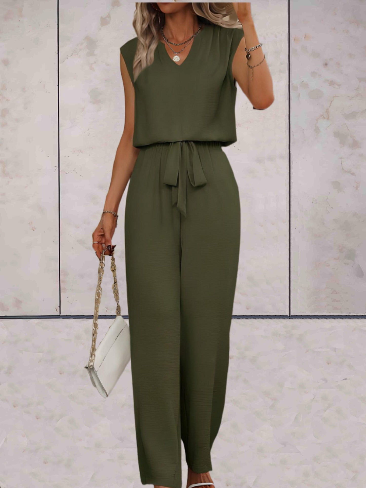 Veronica |  Effen 2-delige setjes eenvoudig en chique v-uitsnijding voor en met strikbandjes in de taille