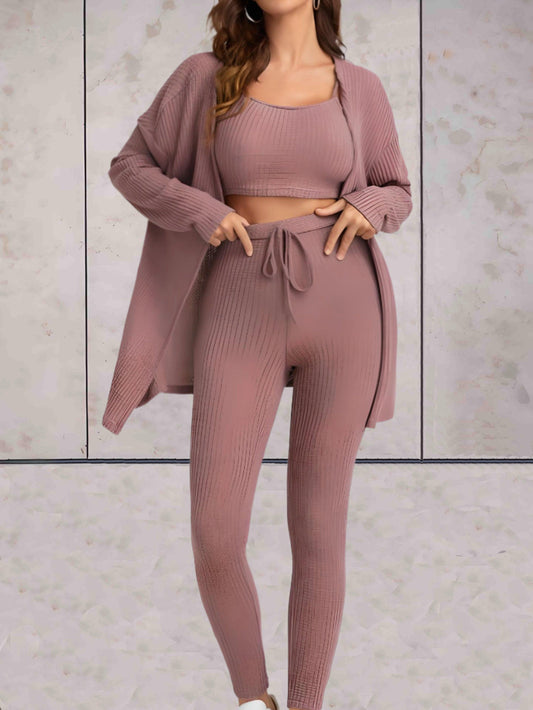 Sierra - comfortabele casual set van hoog getailleerde broek met knoop, crop top zonder mouwen en een oversized sweater