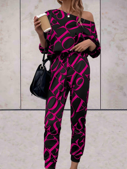 Francine -  2-delige set met oversized off-shoulder top en bijpassende broek met grote letterprints