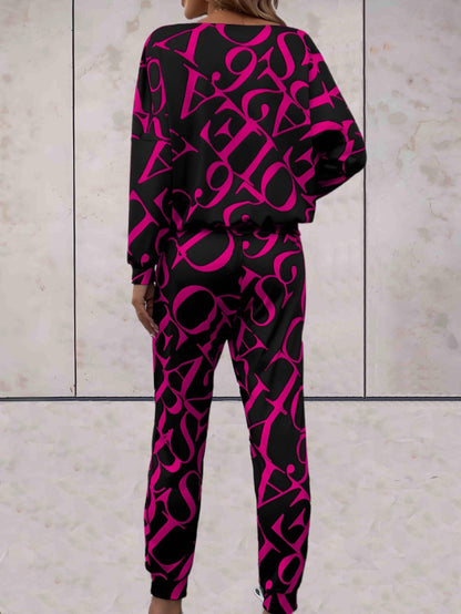 Francine -  2-delige set met oversized off-shoulder top en bijpassende broek met grote letterprints