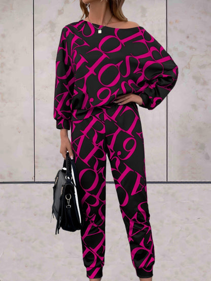 Francine -  2-delige set met oversized off-shoulder top en bijpassende broek met grote letterprints