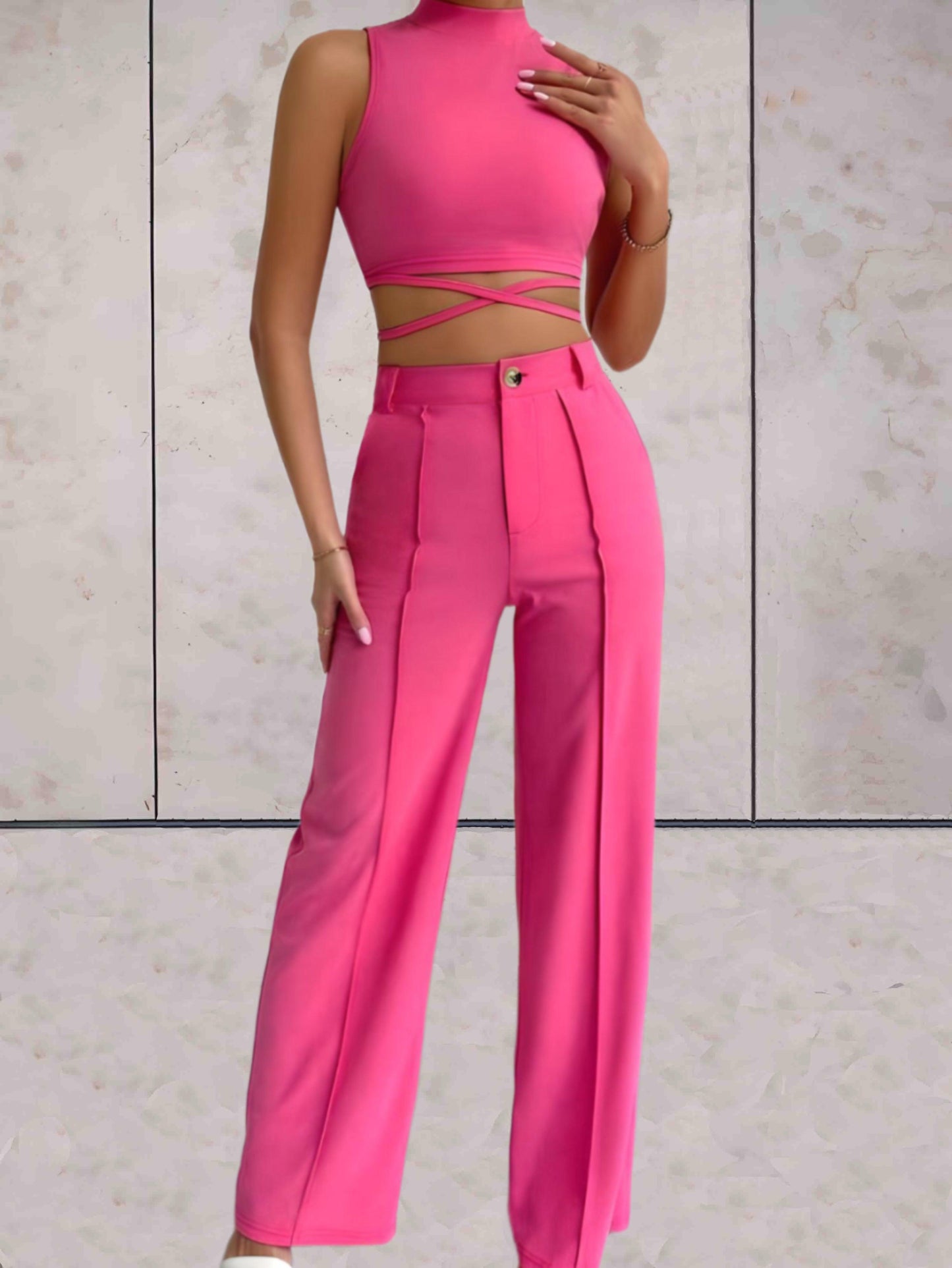 Apolline -  2-delige set coltrui mouwloos met x tie-design in het middengedeelte en een high-waisted coördinaten