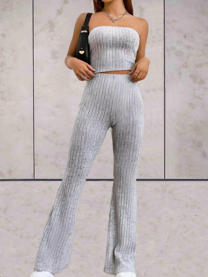 Marigold - Grijze 2-delige set met tube top en hoog getailleerde aansluitende joggingbroek met wijde pijpen