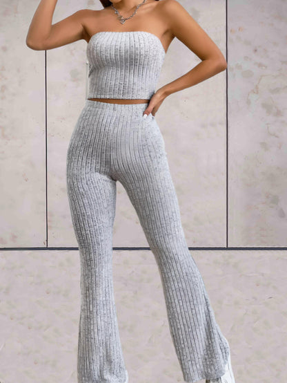 Marigold - Grijze 2-delige set met tube top en hoog getailleerde aansluitende joggingbroek met wijde pijpen