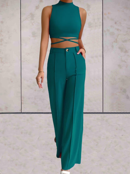 Apolline -  2-delige set coltrui mouwloos met x tie-design in het middengedeelte en een high-waisted coördinaten