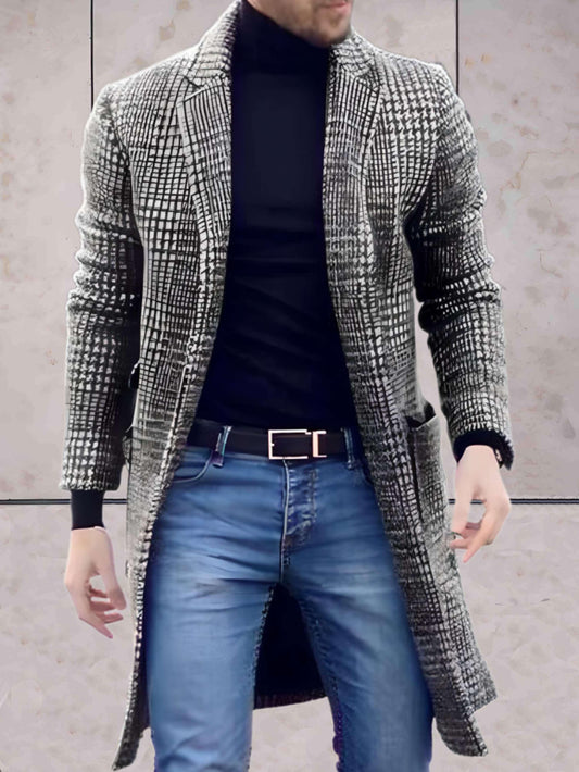 Edwin - warme lange jas met houndstoothmotief, geribde manchetten en zakken
