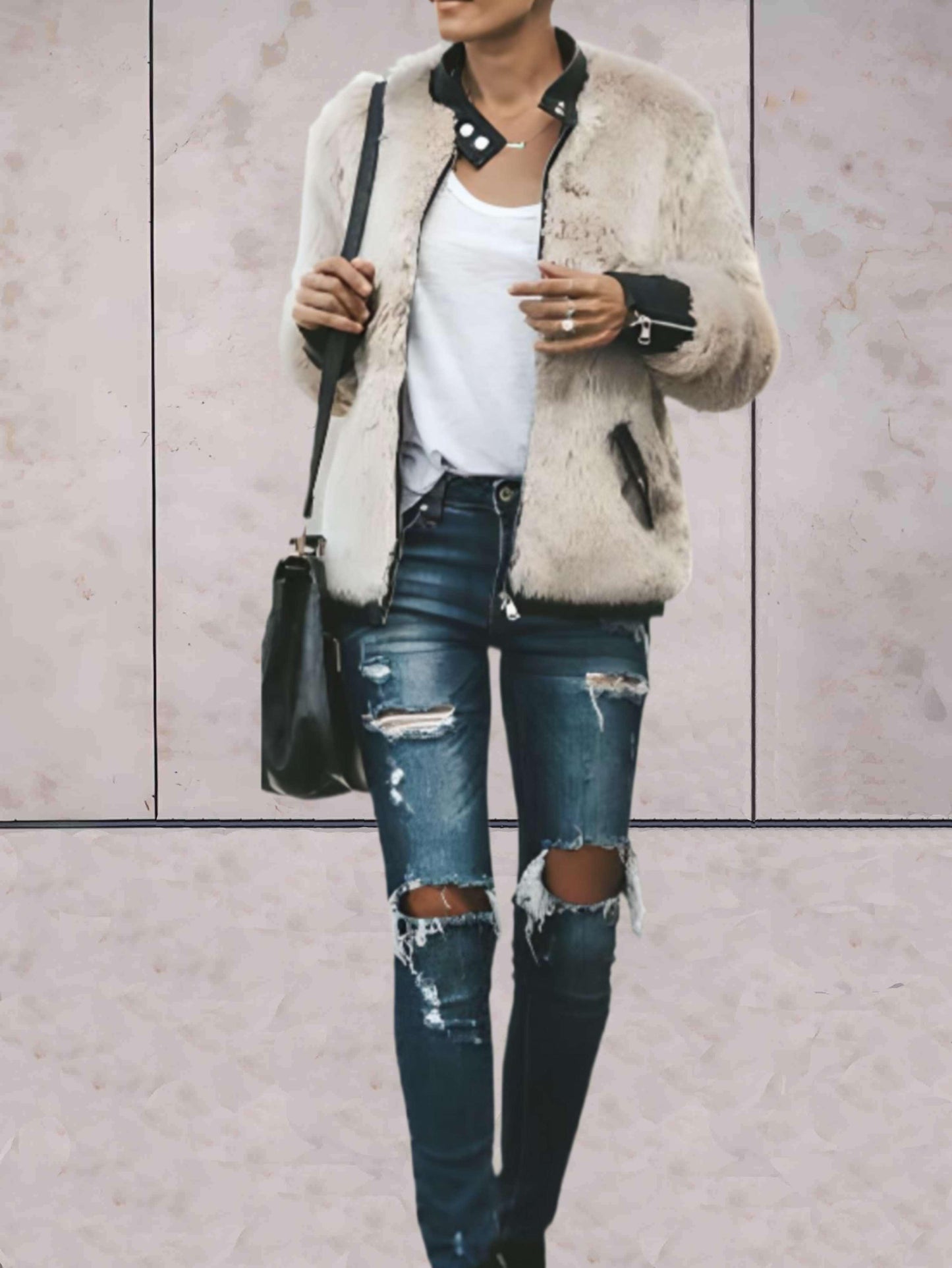 Maily | Effen 2-tone jas van imitatiebont met ronde hals en ritssluiting