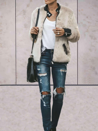 Maily | Effen 2-tone jas van imitatiebont met ronde hals en ritssluiting