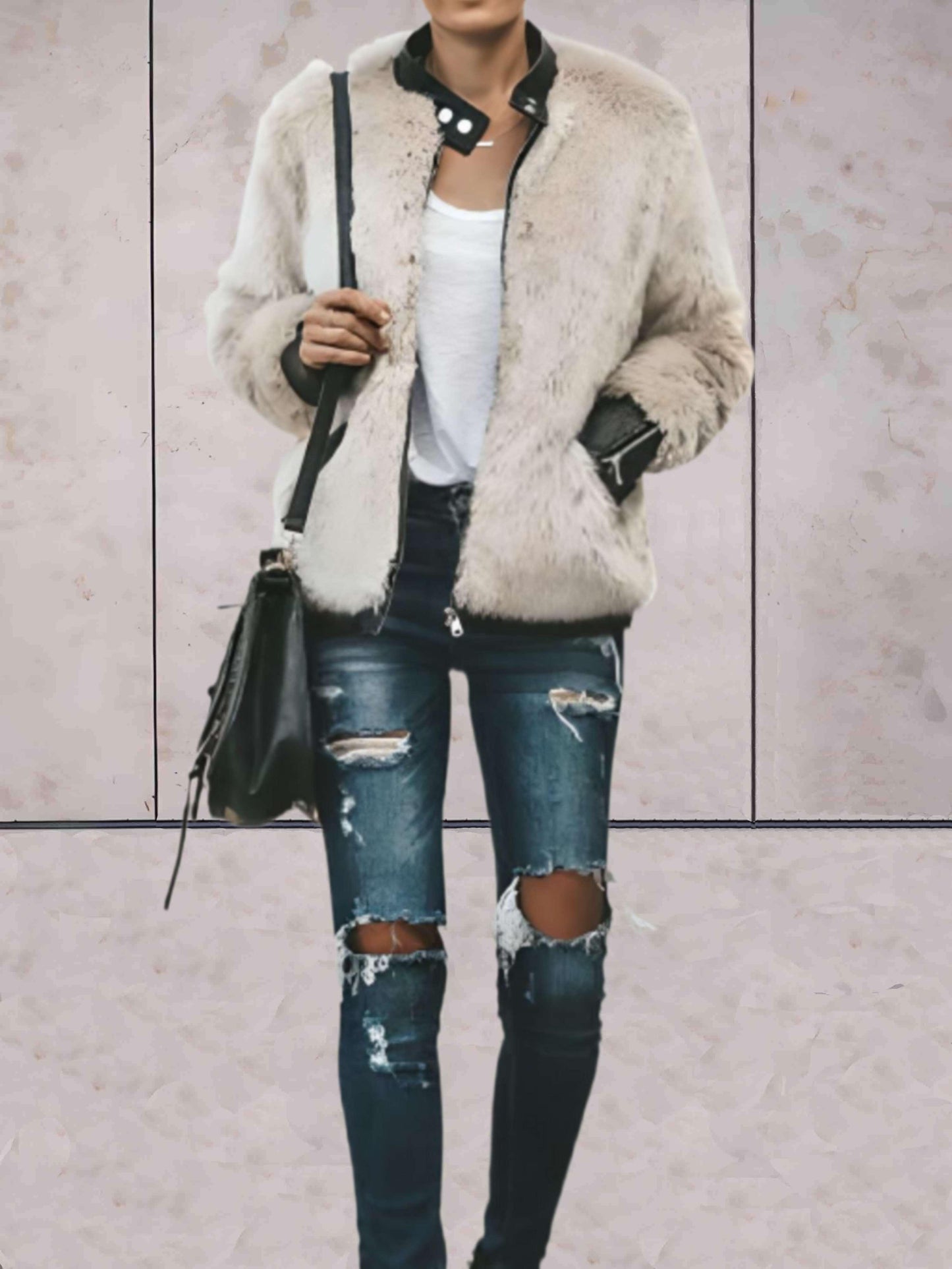 Maily | Effen 2-tone jas van imitatiebont met ronde hals en ritssluiting