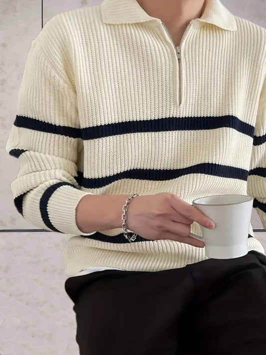 Paul - Beige geribde trui met zwarte strepen Sweater