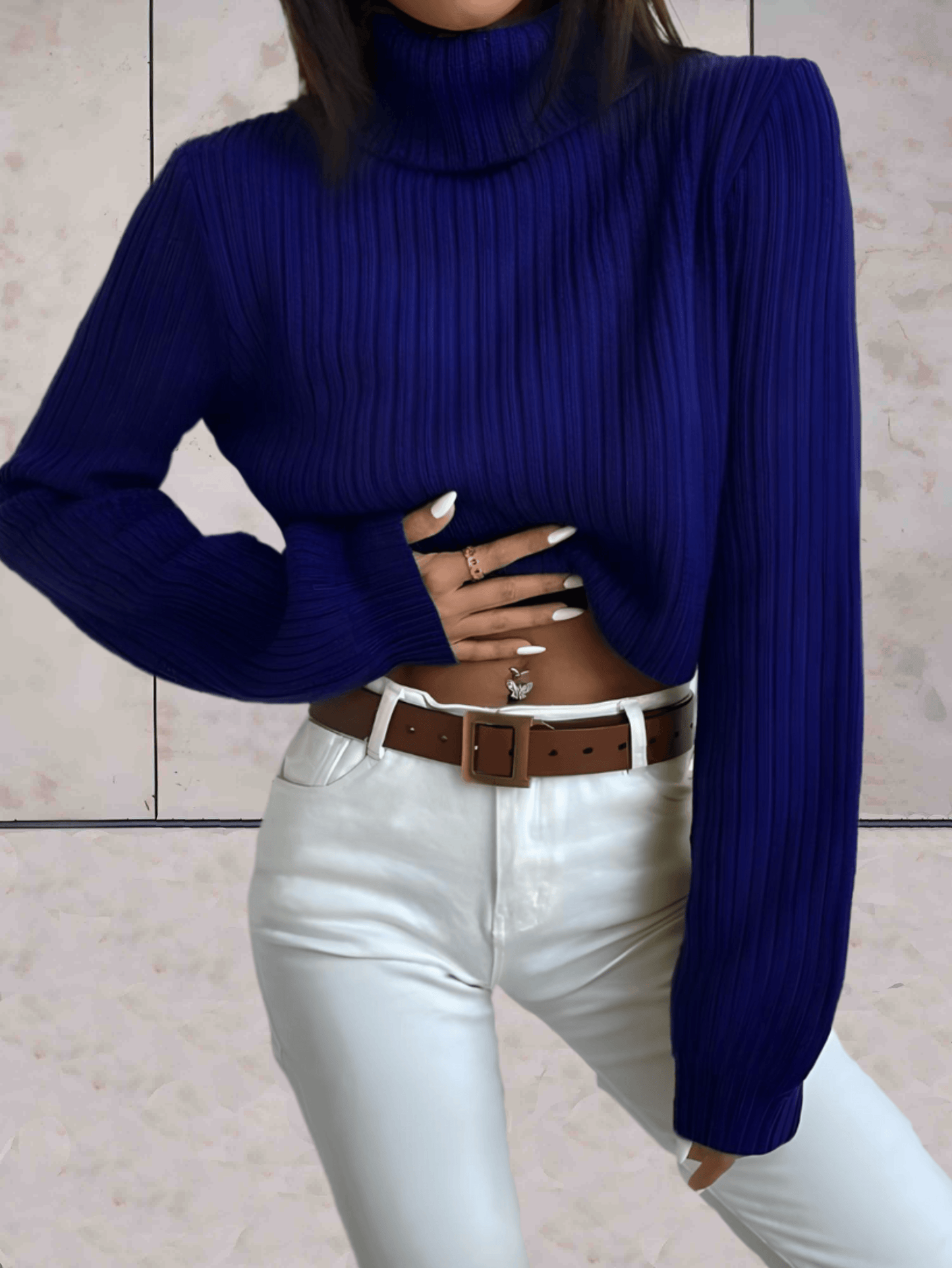 Tessa - Blauwe mooie coltrui met geribbeld reliëfpatroon