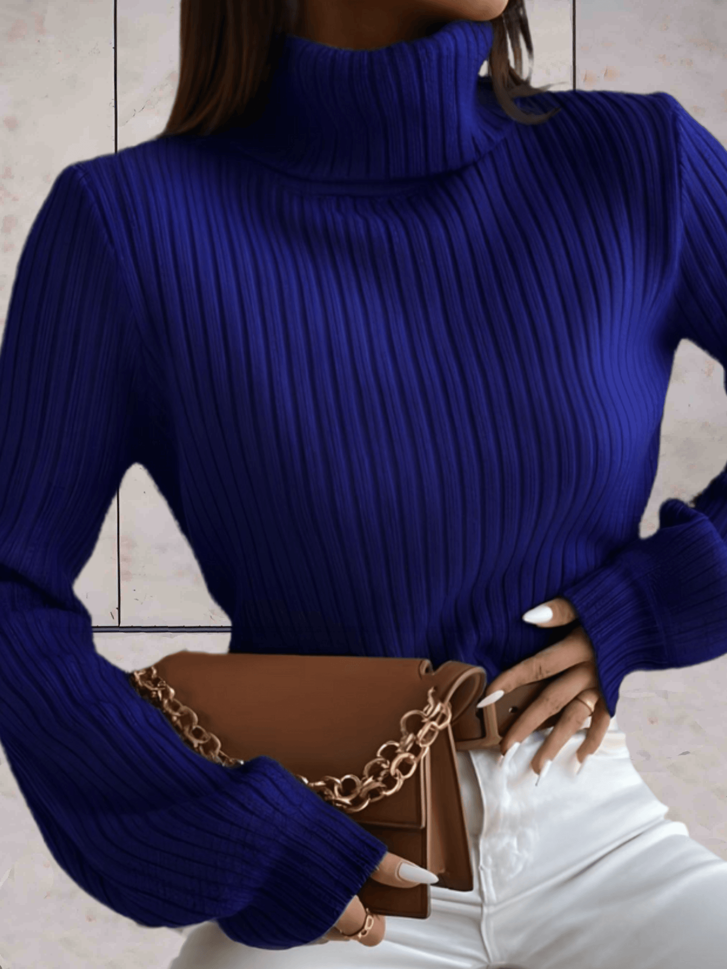 Tessa - Blauwe mooie coltrui met geribbeld reliëfpatroon