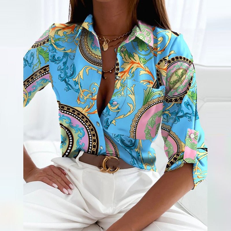 Katherine - elegante blouse met omlaaggevouwen kraag en print