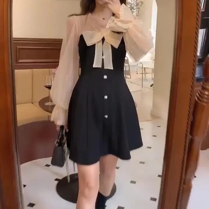 Annela - Dames Lange Mouw Mini Feest Jurk