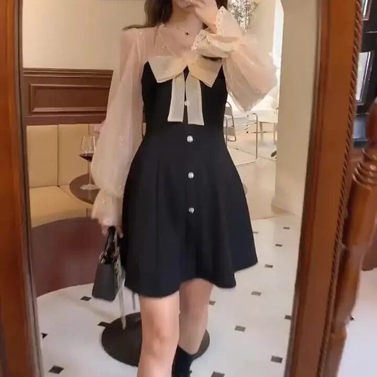 Annela - Dames Lange Mouw Mini Feest Jurk